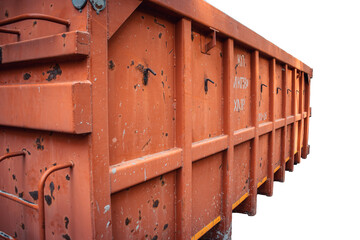 Close up industrial red containers box isolated PNG photo with transparent background.