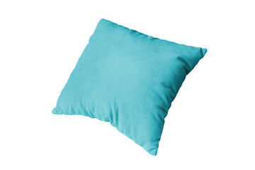 Decorative turquoise rectangular pillow for sleeping and resting isolated on white, transparent...