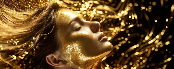 Close-up profile fashion portrait of beautiful young woman with her skin and hair dyed gold. Seductive female model with long flowing hair and magical golden glow. Isolated on black background.