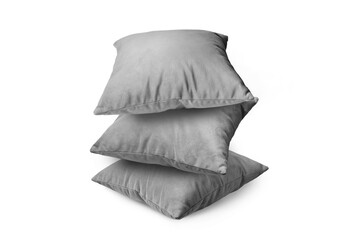 Stack of gray pillows isolated on white, transparent background, PNG. Pile of  decorative cushions for sleeping and resting, home interior, house decor.