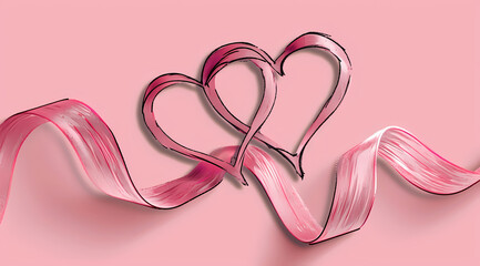 Two pink hearts and a pink ribbon line laying on pink background, playful lines, lovely banner