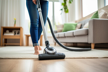Close up photo of a woman vacuuming floor with a vacuum cleaner