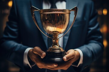 Triumphant businessman cradles a beautiful trophy cup, a symbol of success and achievement, radiating elegance and prestige in the palms of accomplishment. - obrazy, fototapety, plakaty