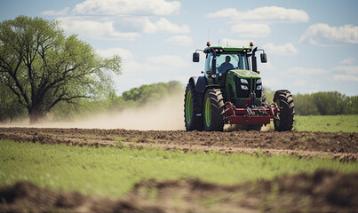 Obraz premium a man cultivates a field with a tractor.