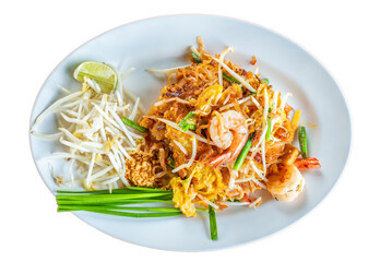 Pad Thai, stir-fried rice noodles with shrimp, Thai style noodles street food. Pad Thai isolated on white background.