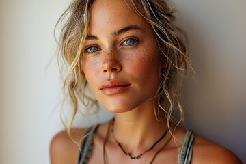 An Australian female model with blonde hair and light blue eyes