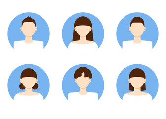 The avatars are of different people. Different women and men. Blue color. Vector illustration