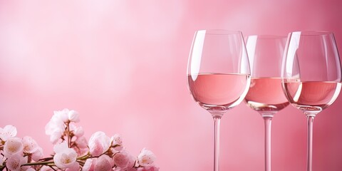 Luxurious wine party with romantic ambiance, pink blossoms, and sparkling glasses.