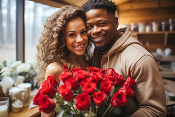Obraz premium Close up of a husband giving his beautiful wife a great gift and red roses on Valentine's Day