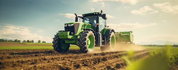 The tractor works the soil in the field with amazing background - obrazy, fototapety, plakaty