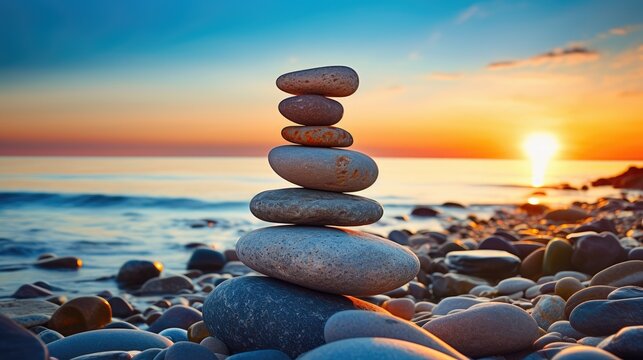 A balanced pyramid of pebbles on the beach with the ocean in the background. Zen stones on the sea beach, meditation, spa, the concept of harmony, tranquility, balance.Sunrise or sunset.