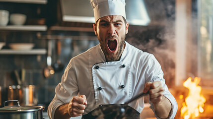Chef yells amid kitchen flames.
