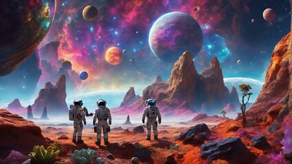 Exoplanet Discovery: A distant exoplanet with a colorful and alien landscape. The backdrop depicts astronauts in high-tech suits examining exotic plant life and strange rock formations. generative ai