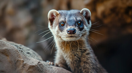 Curious ferret on rocky terrain.