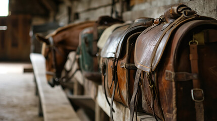 Horse saddles bags on a stable wall.