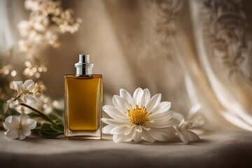 Obraz na płótnie Canvas elegant perfume bottle template , white flower and subtle golden tones