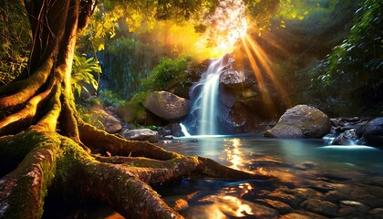 beautiful waterfall in the jungle with the sun shining, ai generated  