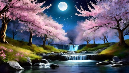 beautiful sakura flowers and waterfall at night in the forest  - obrazy, fototapety, plakaty