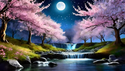 Deurstickers beautiful sakura flowers and waterfall at night in the forest  © Karina