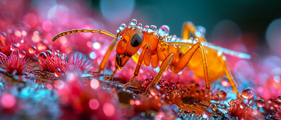 close-up image of an ant on a surface with water droplets, brilliantly highlighted with red and blue hues that create a vibrant, otherworldly scene