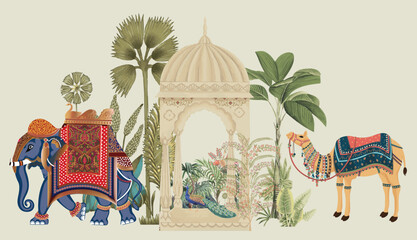 Traditional Mughal Elephant, camel caravan vector illustration - obrazy, fototapety, plakaty