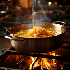 A close-up of a pot of simmering soup on a stove.