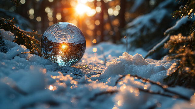 A winter forest seen through snow crystals, a magical crystal ball, and a scene inside a glass ball buried in snow,Generative AI