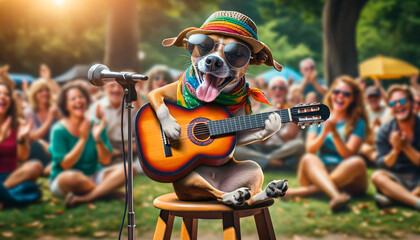 音楽家の犬　弾き語りしている犬　伝説のギタリスト