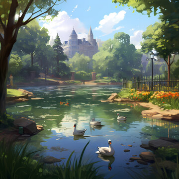 A city park with a pond and ducks swimming.