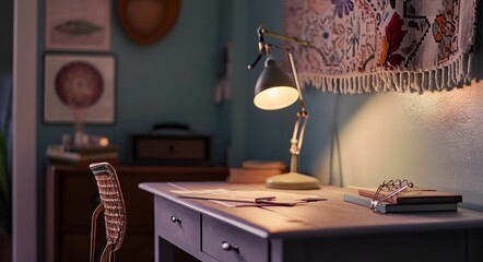 Vintage Inspiration - Workspace with Antique Desk, Table Lamp, and Classic Painting