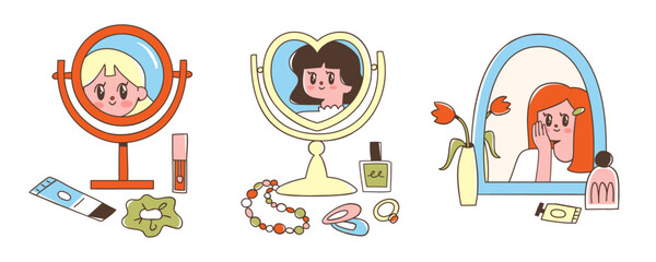 Makeup mirrors and girly accessories. Vector illustration of feminine self care concept. Cute girls looking at their own reflections. Hand drawn beauty products and fashionable accessories.
