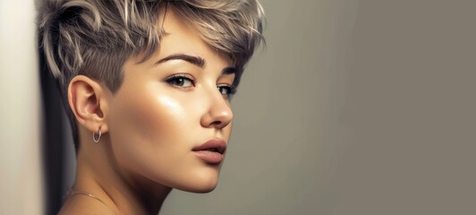 Close-up profile portrait of a young Caucasian woman with short hair dyed grey. Attractive female model with trendy hairstyle, perfect makeup and seductive look. Grey background.