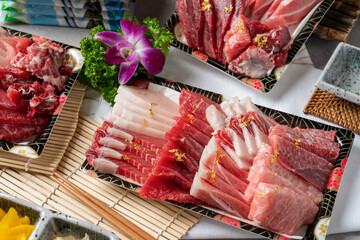 Tuna sashimi, raw fish, fish, vegetables, radish sprouts