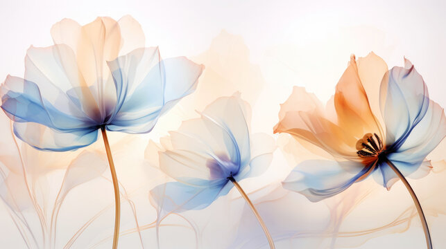 Elegant tender flowers transparent watercolour background. Pastel colour palette. Generative AI