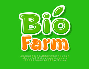 Vector eco template Bio Farm. Glossy Green Font. Bright Alphabet Letters, Numbers and Symbols set. 