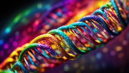 A macro shot of a brightly colored DNA strand, showcasing a fusion of science and art with vivid hues and sparkling details.