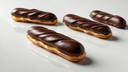 An array of chocolate-covered eclairs arranged neatly, with a focus on the glossy chocolate topping and delicate pastry texture.
