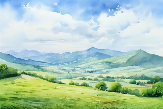 The idyllic charm of the countryside comes to life in this watercolor depiction of harmonious green valleys and gentle slopes