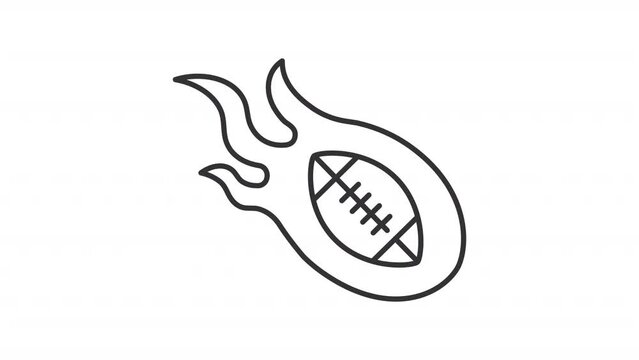 Animated pigskin icon. American football ball on fire line animation. Sport game equipment. Gridiron. Black illustration on white background. HD video with alpha channel. Motion graphic