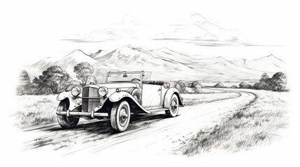 Artistic rendering of an old-fashioned roadster on a curved path in a scenic landscape