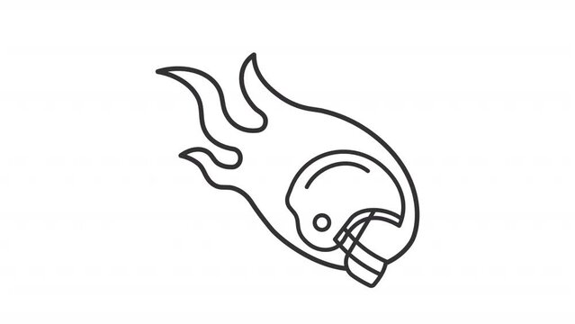 Animated football helmet icon. Helmet on fire line animation. American football sport equipment. Black illustration on white background. HD video with alpha channel. Motion graphic