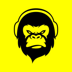 Aggressive Gorilla Head with Headphones, Black Silhouette Mascot Logo for Music, Gaming, or Fitness