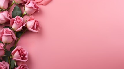 Fototapeta premium Roses on a pink background and copy space