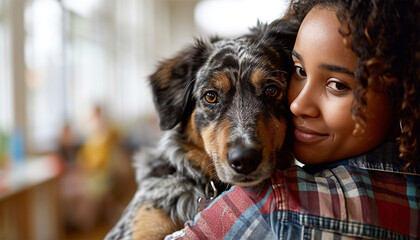 African American young woman embracing her dog. Pleased happy Afro girl gets lovely puppy, plays and embraces four legged friend with love Woman hugs dog. Humans and pets