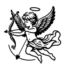 Cupid angel with wings, bow and arrow one line drawn