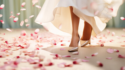 Close-up of woman feet dancing in rose petals. Spring, love concept. Generative AI