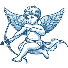 Cupid angel with wings, bow and arrow one line drawn - obrazy, fototapety, plakaty