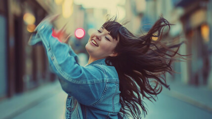 Beautiful happy plus size girl dancing on the street with flying hair. Body love concept....