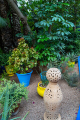 Photo of different types of plants from the Majorelle Garden in the city of Marrakech. Cloudy day.