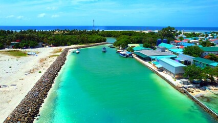 Huraa Island - Maldives - Aerial view of the harbor exit
